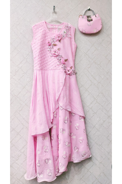 Silk Long Gown For Kids With Applique Work And Fabric Work (KRB25)